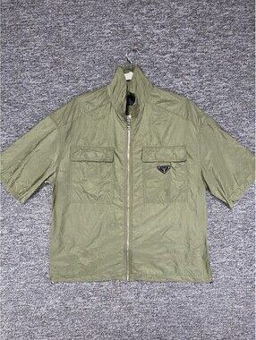 PRADA Men's Green Windbreaker Jacket Full Zip Stand-Up Collar Logo Size S